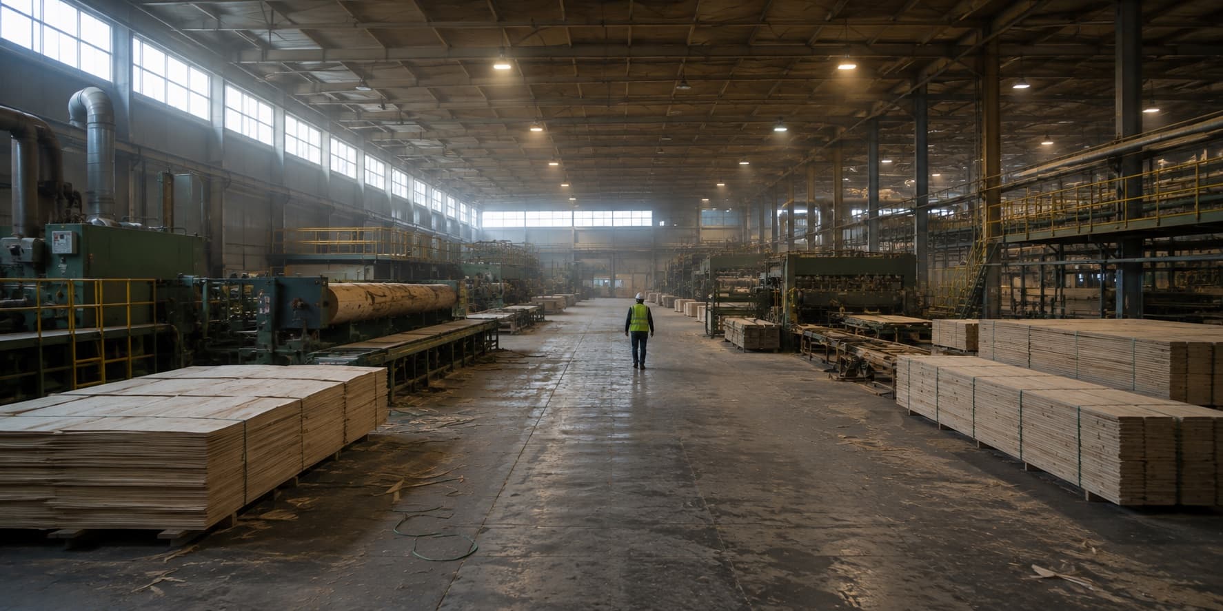 A timber manufacturing hall at the start of a shift, machinery at rest along a central aisle.