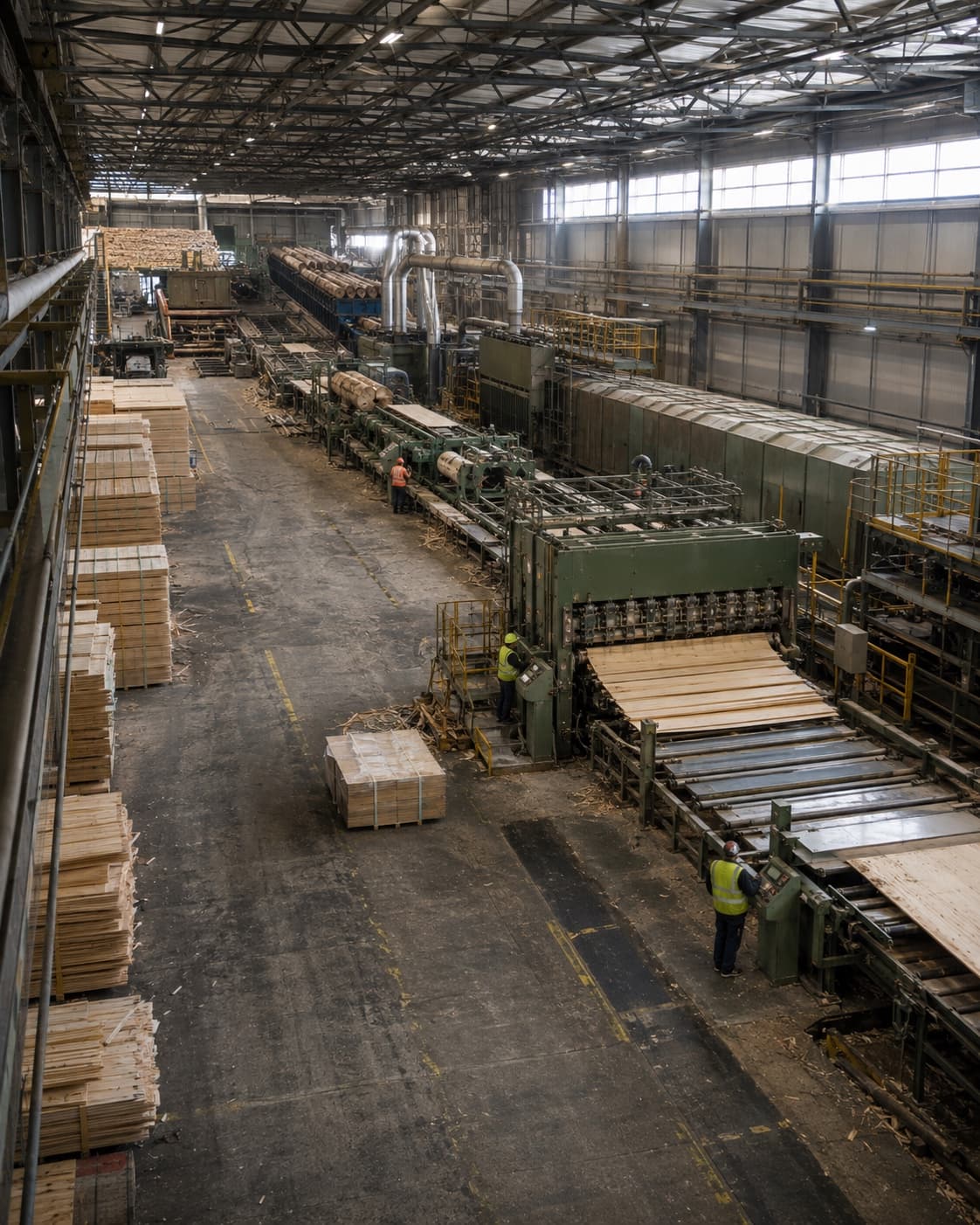 An LVL plant seen from a raised walkway: log deck, lathe, press and saw line in one view.