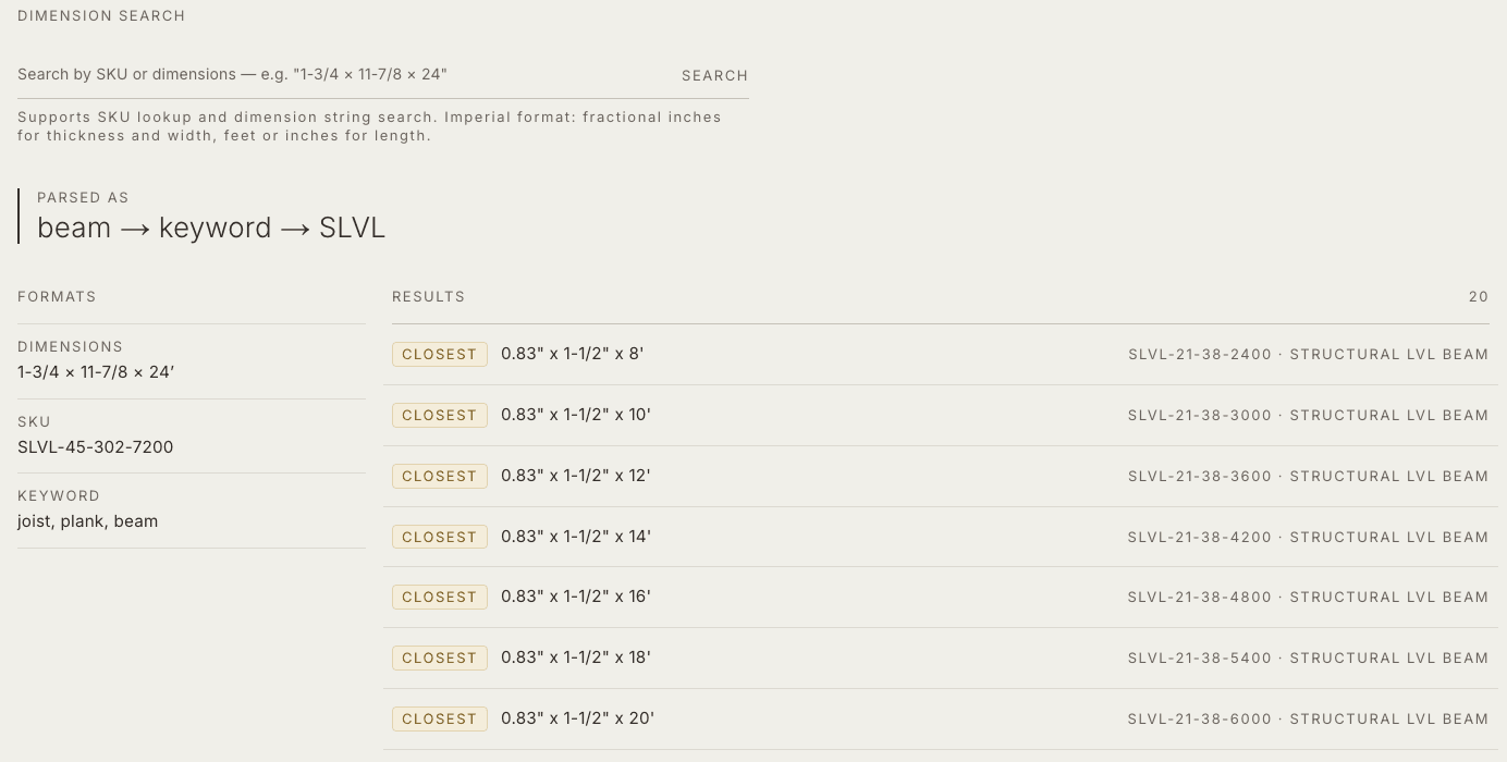 The LogSmarter catalog search showing parsed dimensional input and matching structural LVL variants.