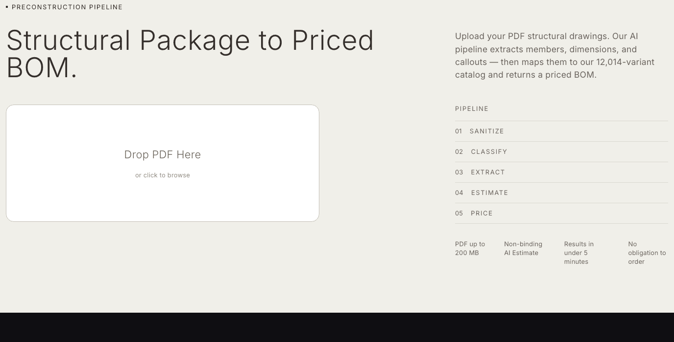 The LogSmarter structural package upload screen with a PDF drop area and the sanitize, classify, extract, estimate, and price stages.