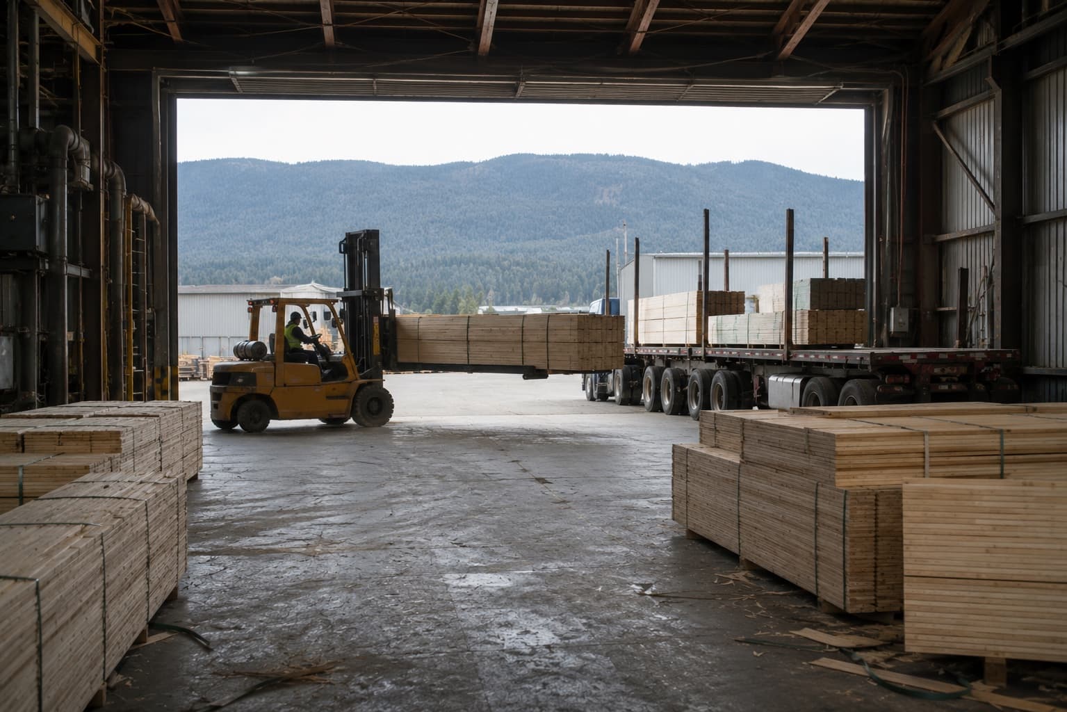 Bundled LVL staged at a loading bay, with a flatbed trailer backed up to the dock beyond.